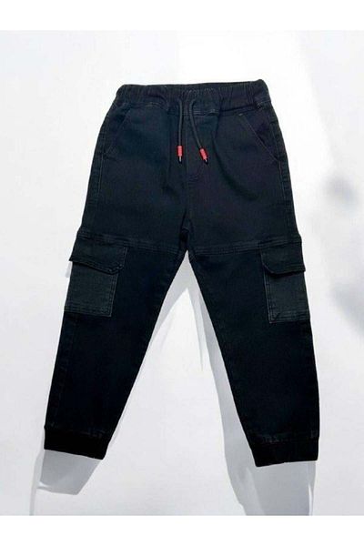 Zekids Pantaloni negri din denim pentru băiat, cu talie elastică și buzunar cargo