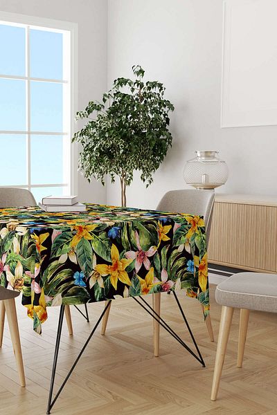Cango Home Black Multi-Colored Tropical Patterned Digital Printed Tablecloth Otyk791-ms