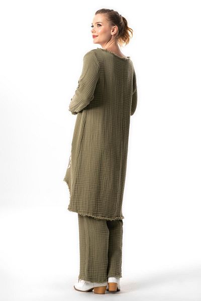 Eliş Şile Bezi Khaki Color Long Sleeve Embroidered Double Muslin Tunic - V-Neck Autumn and Winter Asymmetrical Cut