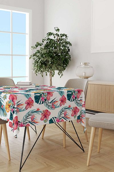 Cango Home Pink Green Tropical Flower Patterned Digital Printed Tablecloth Yst06-ms