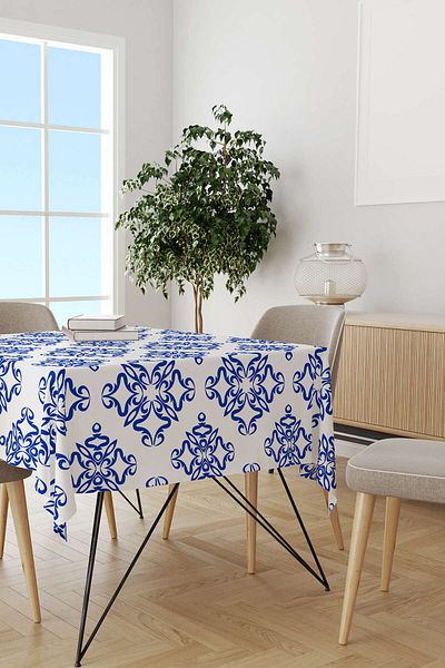 Cango Home Alb Albastru Modern Etnic Tigla Model Digital Printed Table Shirt Cgh566-ms
