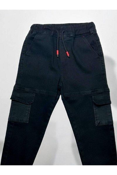 Zekids Pantaloni negri din denim pentru băiat, cu talie elastică și buzunar cargo