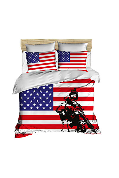Fabeteks America Flag and Soldier 3D Digital Double Duvet Cover Pillow Set