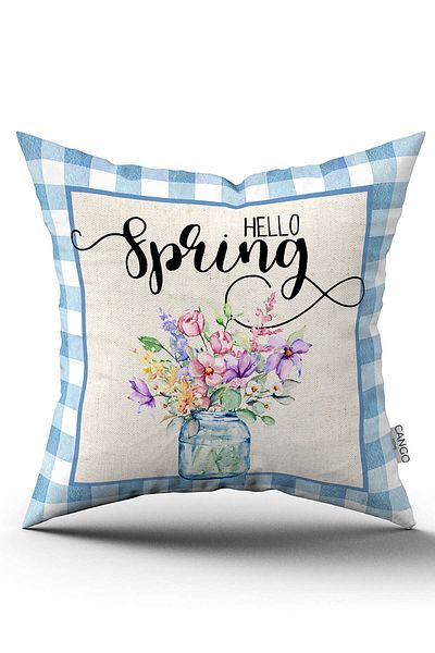 Cango Home Husă de pernă cu două fețe cu tema de primăvară, albastru, alb, cu model de flori - Cgh1090