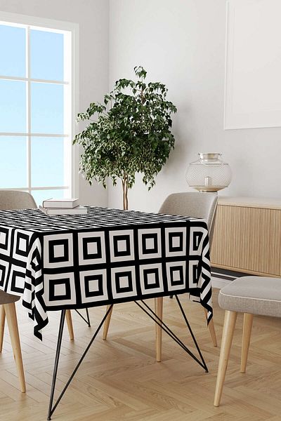 Cango Home Alb Negru Modern Geometric Patrat Model Digital Imprimat Masă Otyk558-ms