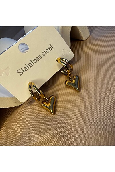 Çelik Gold Sallantılı Kalp Küpe