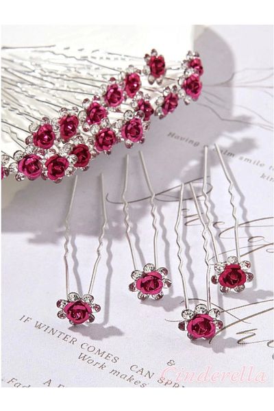 Cinderella Pachet de 10 agrafe de păr cu design de flori din mini piatră de cristal roz fierbinte - Agraf de păr pentru nunți Henna Promise Bun