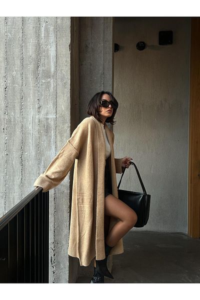 minaaise Cardigan de tricotaj moale, lung, supradimensionat, cu cusături murdare de nurcă 26257