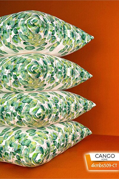 Cango Home Çift Taraflı Yeşil Krem Okaliptus Desenli 4'lü Dijital Baskılı Kırlent Kılıfı Seti 4kmbs309-CT