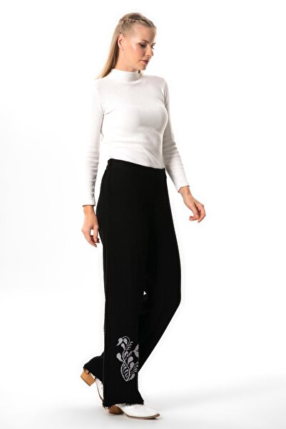 Eliş Şile Bezi Black Double Muslin Trousers - Sprout, Embroidery and Elastic Waist