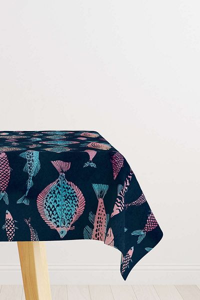 Cango Home Pink Navy Blue Fish Figured Tablecloth Cgh257-ms
