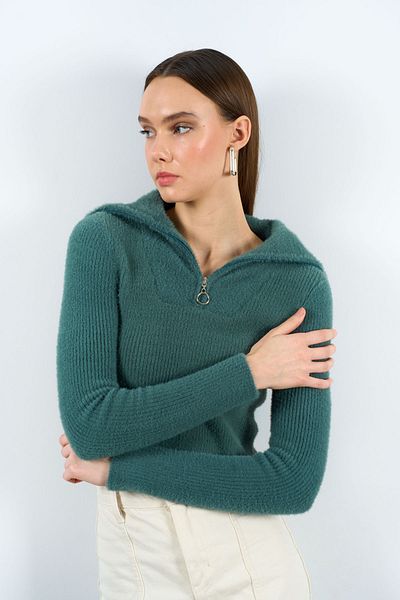 Qu Style Women's Powder Polo Neck Zippered Crop Knitwear Sweater