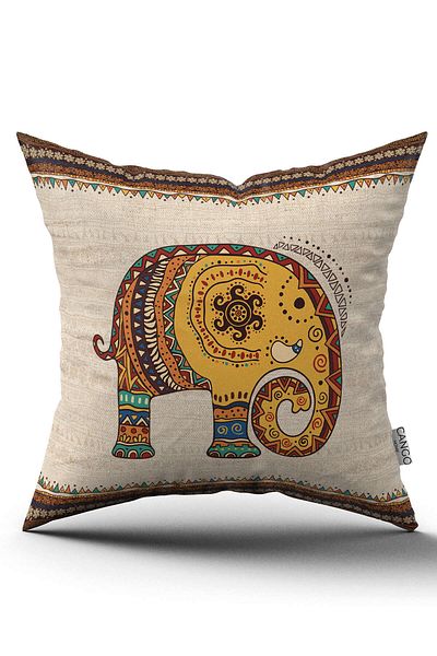 Cango Home Față de pernă crem cu model elefant etnic imprimat digital -cgh1255