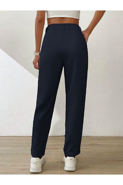 night blue Double Leg Double Pleated Trousers-Dark Blue