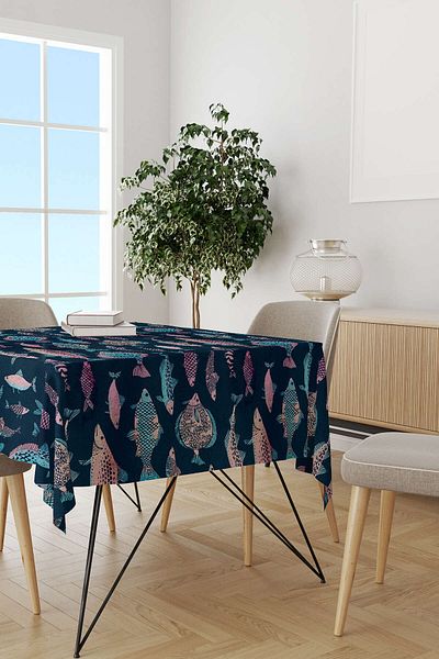 Cango Home Pink Navy Blue Fish Figured Tablecloth Cgh257-ms