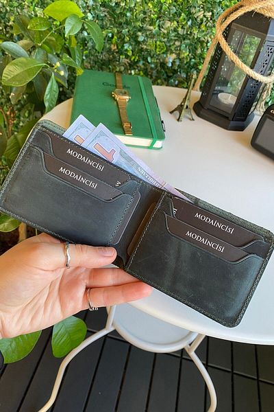 Modica Tulipa - Tumbled Genuine Leather Natural Slim Classic Green Men's Wallet, High-Level Detail Workmanship