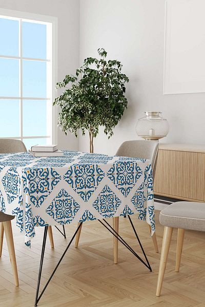 Cango Home Alb Albastru Modern Etnic Tigla Model Digital Printed Table Shirt Cgh563-ms