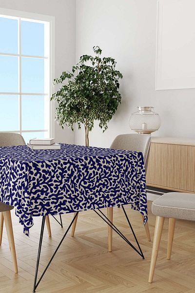 Cango Home Navy Blue Beige Marine Themed Coral Patterned Digital Printed Tablecloth Cgh633-ms