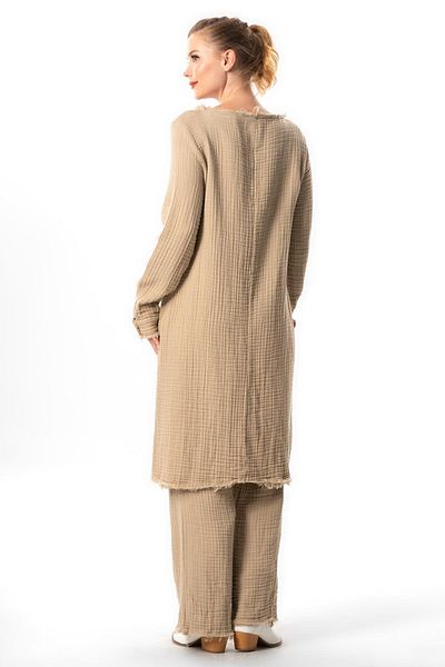 Eliş Şile Bezi Sprout V-Neck Embroidered Asymmetrical Cut Long Sleeve Muslin Tunic - Autumn and Winter Mink Vzn