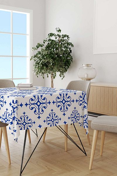 Cango Home Alb Albastru Modern Etnic Tigla Model Imprimata Digital Masa Cgh568-ms