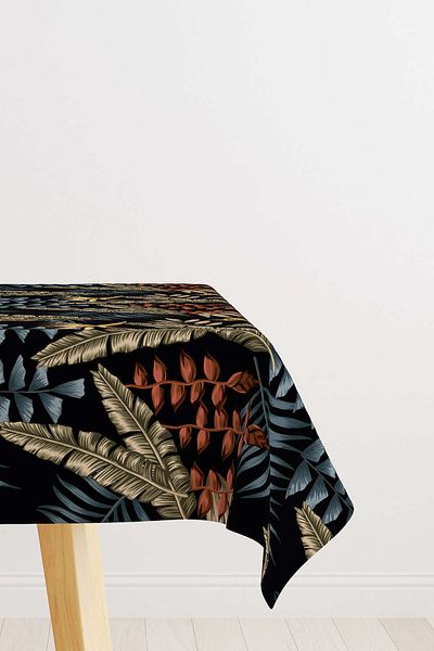 Cango Home Black Multicolored Tropical Leaf Patterned Digital Printed Tablecloth Otyk796-ms