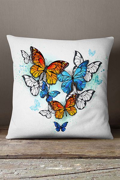 Cango Home Față de pernă cu model fluture albastru portocaliu alb - Cgh005