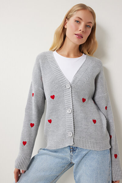 Lovelyİstanbul Gray V-Neck Heart Textured Knitwear Cardigan - Lkg0008