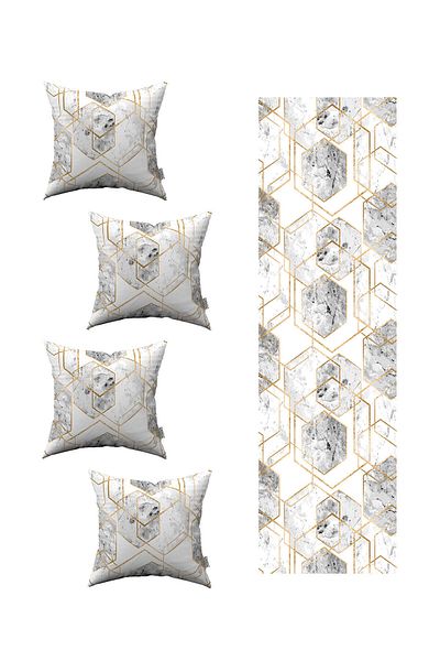 Cango Home Alb, gri, modern, decorativ, cu model de marmură, husă de pernă din 4 piese 1 set de alergători 4kmbs240-rs