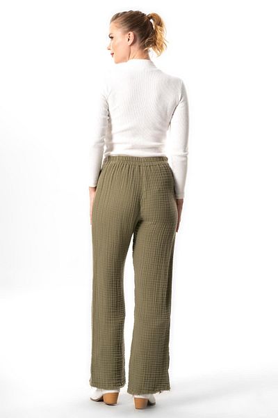 Eliş Şile Bezi Pantaloni de muselină dublă de culoare kaki - Sprout, broderii de toamnă și iarnă, talie elastică