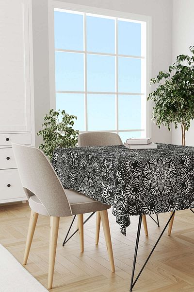 Cango Home White Black Ramadan Themed Decorative Mandala Patterned Digital Printed Tablecloth Cgh1296-ms