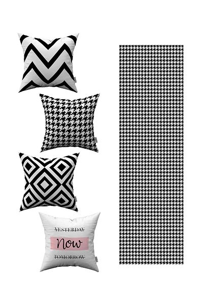 Cango Home Husă de pernă decorativă modernă alb-negru, 4 piese, 1 set de alergători 4kmbs78-rs