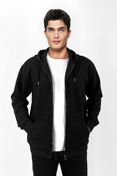 bilcee Men's Black Oversize Zippered Pocket Hooded Sweatshirt 7016