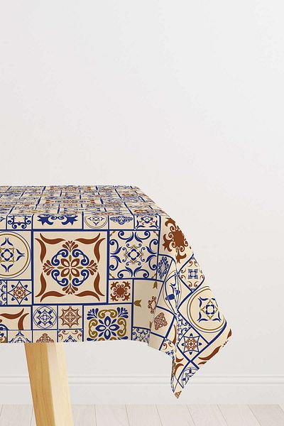 Cango Home Καφέ Μπλε Ethnic Πλακάκι με μοτίβο ψηφιακής εκτύπωσης Τραπεζομάντηλο Cgh611-ms
