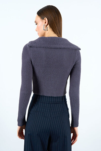 Qu Style Kadın Füme Polo Yaka Fermuarlı Crop Triko Kazak