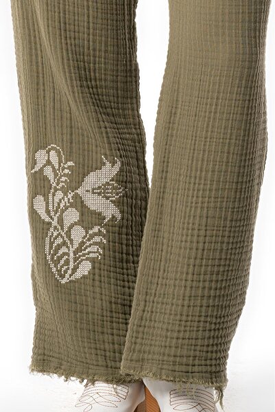 Eliş Şile Bezi Khaki Color Double Muslin Trousers - Sprout, Autumn and Winter Embroidery, Elastic Waist