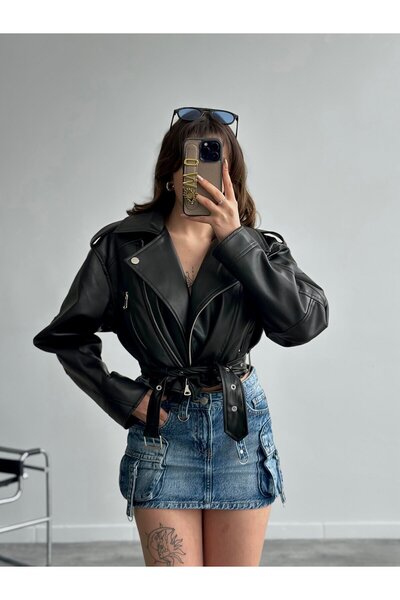 NET OF NOT Yeni Sezon Oversize Kadın Siyah Biker Deri Ceket