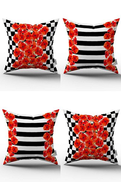 Cango Home Red Black Checkered Striped Floral Patterned 4-Piece Digital Printed Throw Pillow Cover Set - 4kmbs259
