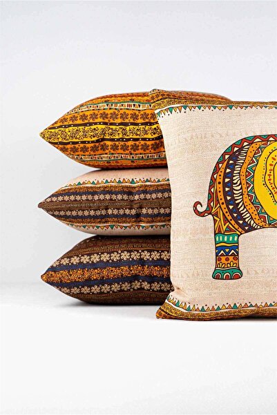 Cango Home Double Sided Orange Brown Ethnic Elephant Patterned 4-Piece Digital Printed Throw Pillow Pillowcase Set 4k