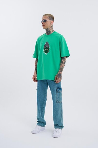 Machinist Πράσινο Oversize Κεντημένο Ανδρικό T-Shirt - Σχέδιο Leaf Eye