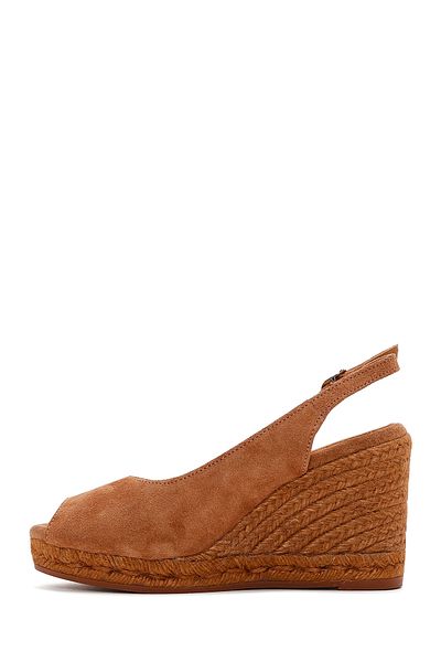 Derimod Tan Suede Leather Wedge Heeled Espadrille - With Ankle Strap, 24sfd150810