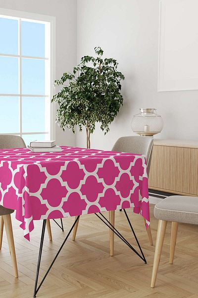 Cango Home Pink and White Modern Geometric Patterned Digital Printed Tablecloth Otyk538-ms