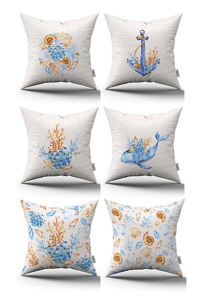 Cango Home Set de 6 huse de pernă cu model marin albastru portocaliu - 6kmbs275