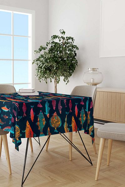 Cango Home Orange Navy Blue Fish Figured Tablecloth Cgh236-ms