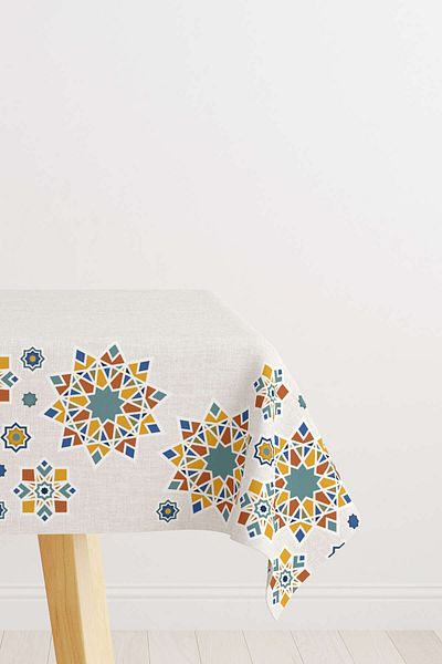 Cango Home Ramadan Themed Cream Orange Decorative Tablecloth - Digital Printed Cgh1304-ms