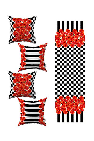 Cango Home Red Black Checkered Striped Floral Patterned 4-Piece Throw Pillow Cover 1 Runner Set 4kmbs259-rs