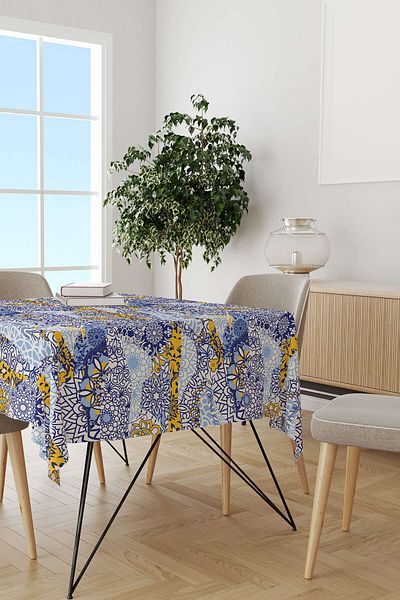 Cango Home Navy Blue White Ethnic Vintage Patterned Digital Printed Tablecloth Otyk016-ms