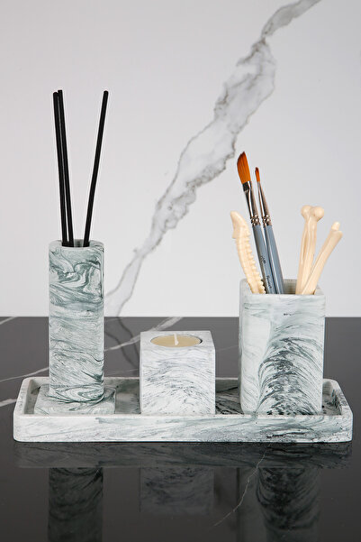 betonmall Σετ μπάνιου από σκυρόδεμα 4 τεμαχίων με μαρμάρινο σχέδιο Θήκη οδοντ...