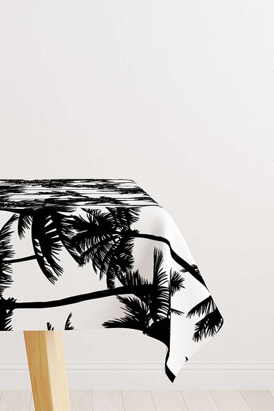 Cango Home White Black Palm Patterned Digital Printed Tablecloth Otyk806-ms
