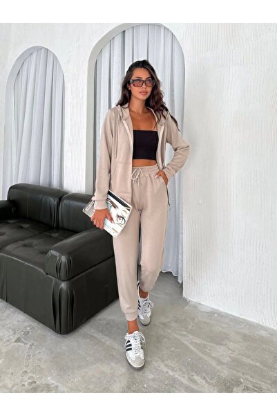 Swana Set de trening sezonier cu glugă din țesătură modal pentru femei - crem