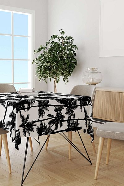 Cango Home White Black Palm Patterned Digital Printed Tablecloth Otyk806-ms